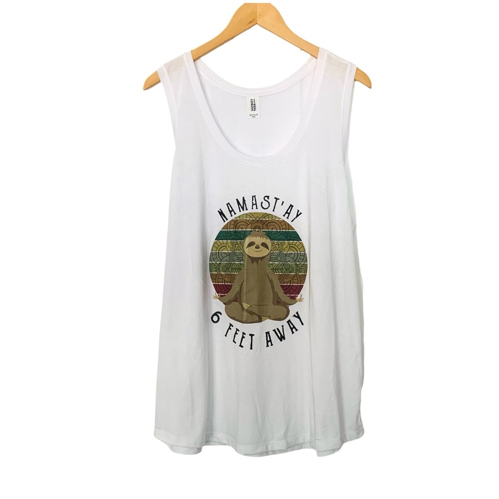 Namastay 6 Feet Away White Tank Top Size 3XL Yoga Workout Sloth